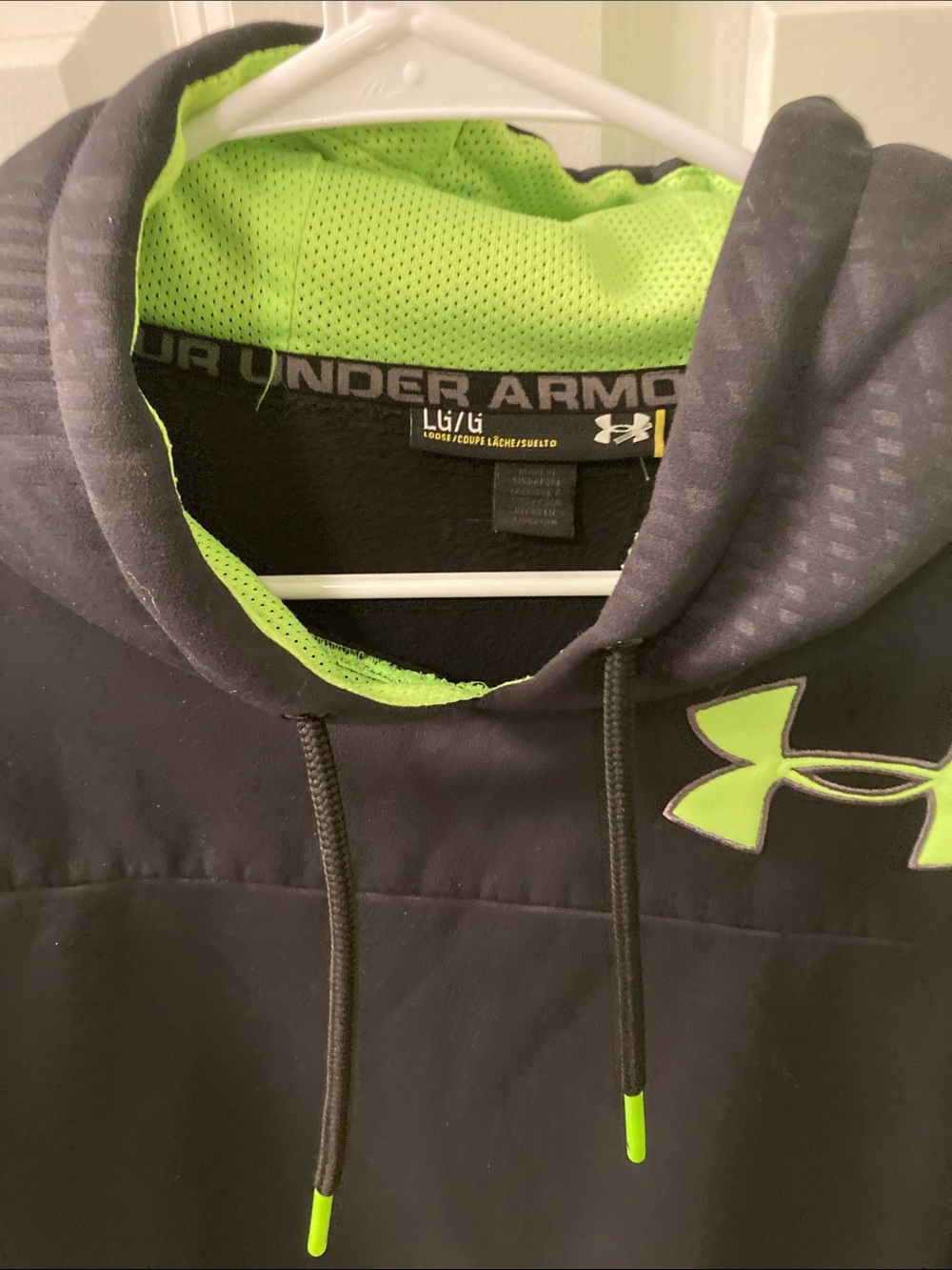 Under Armour Kids Black Hoodie with Neon Green Logo and Lined Hood